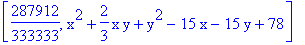 [287912/333333, x^2+2/3*x*y+y^2-15*x-15*y+78]